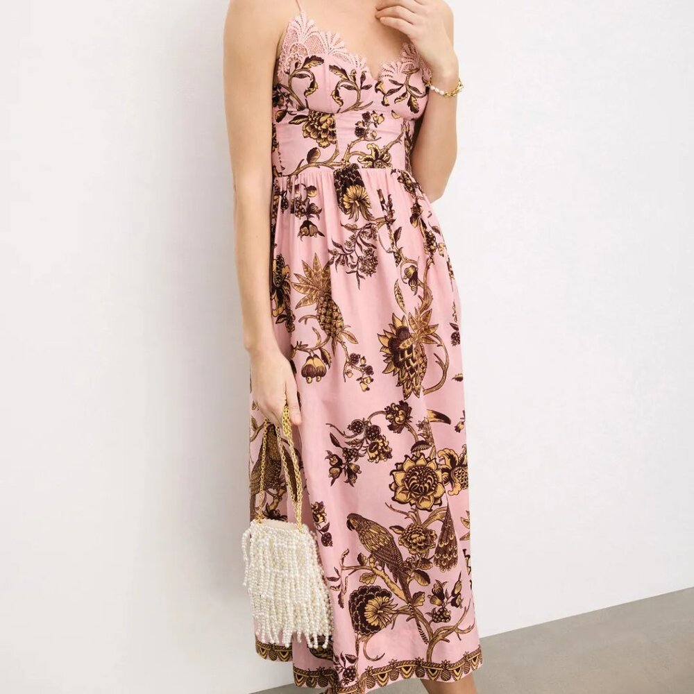 FARM Rio Tropical Pink and Brown Laces Midi Dress